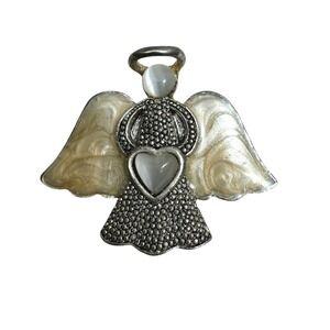 Nina Ricci Angel Mother Of Pearl Pin Brooch Silver Tone Heart Enamel Wing 1 1/8